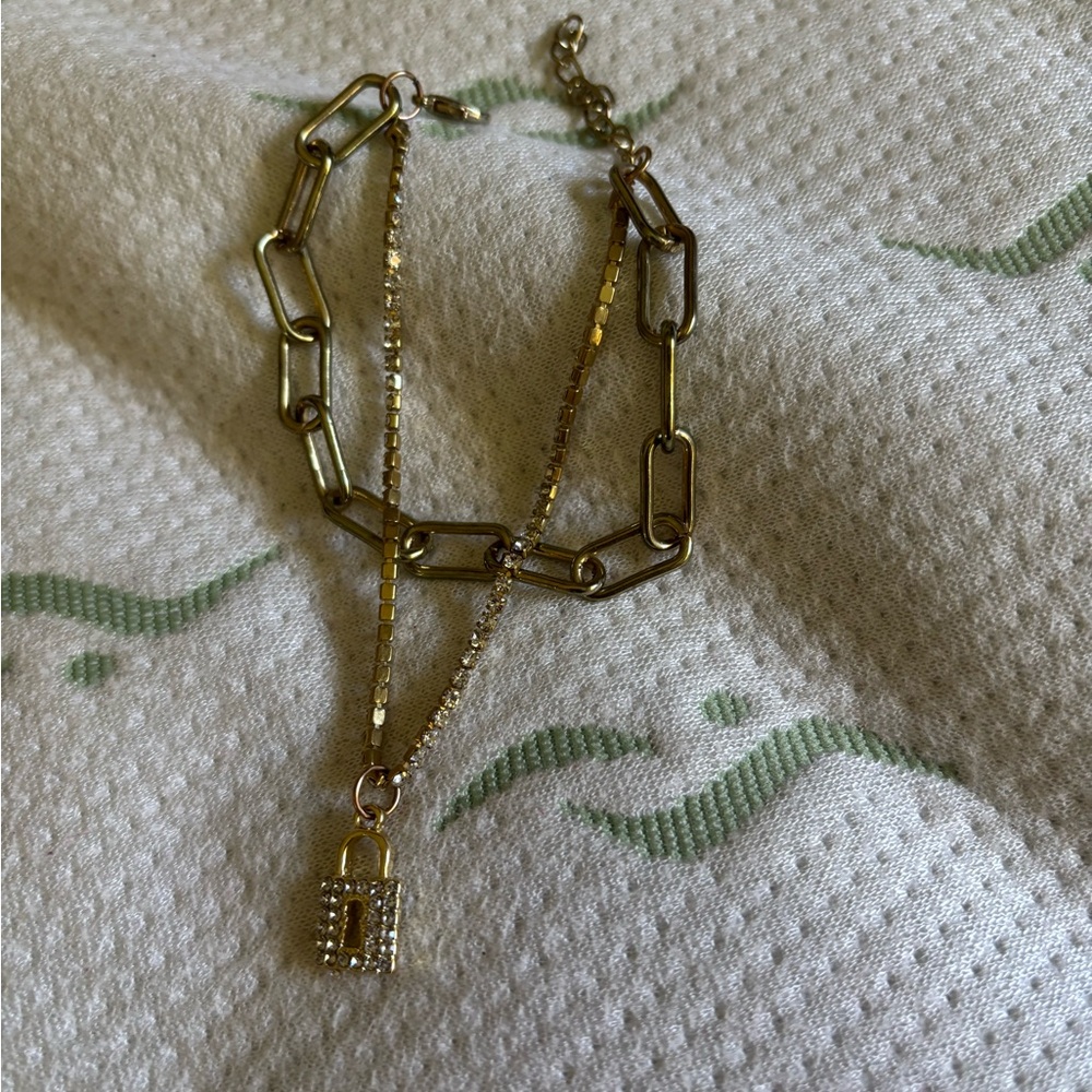 Source Unknown Gold Dual Chain Bracelet with Lock Charm